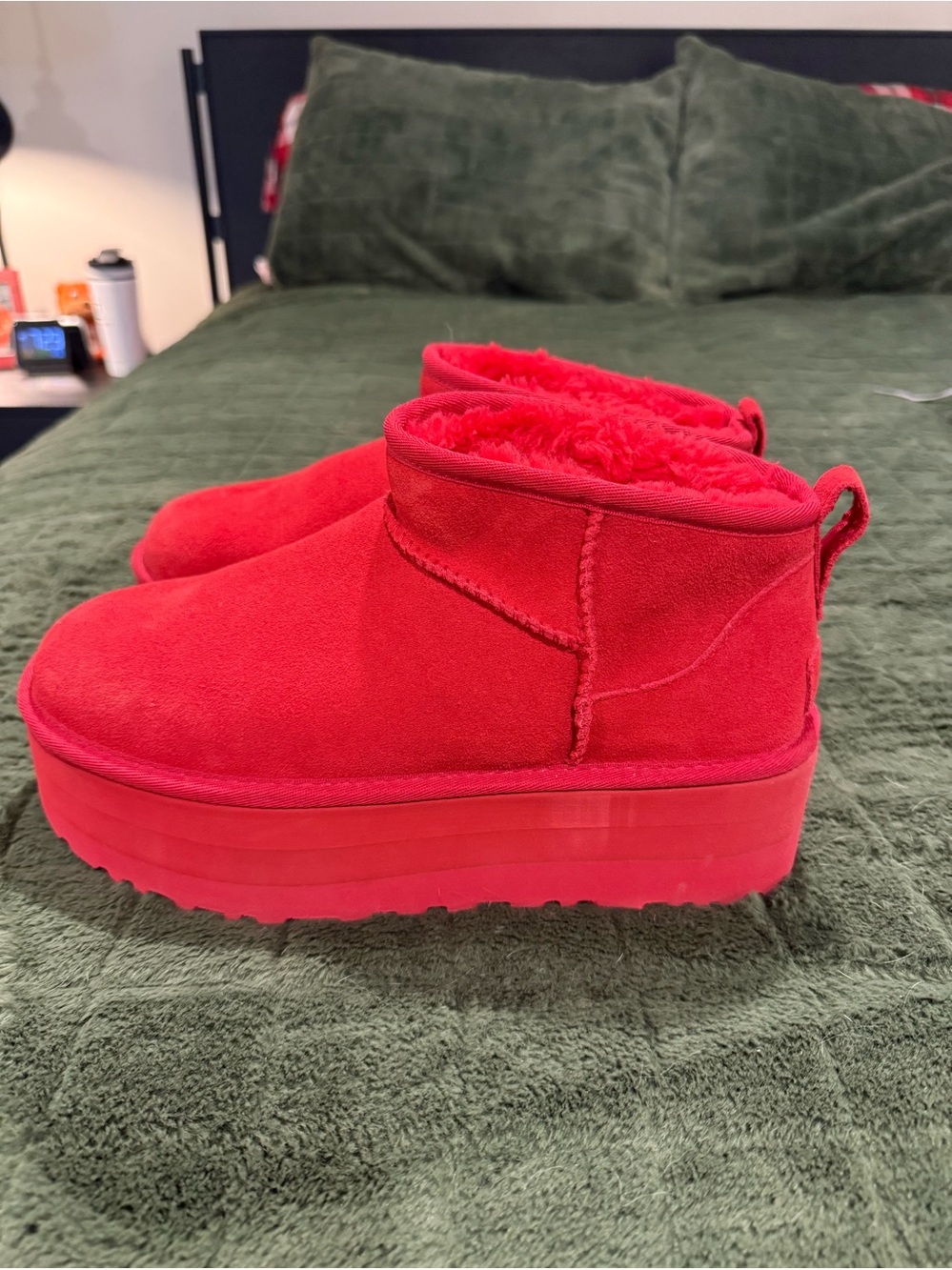 UGG: Vibrant Red Plush Platform Ankle Boots
